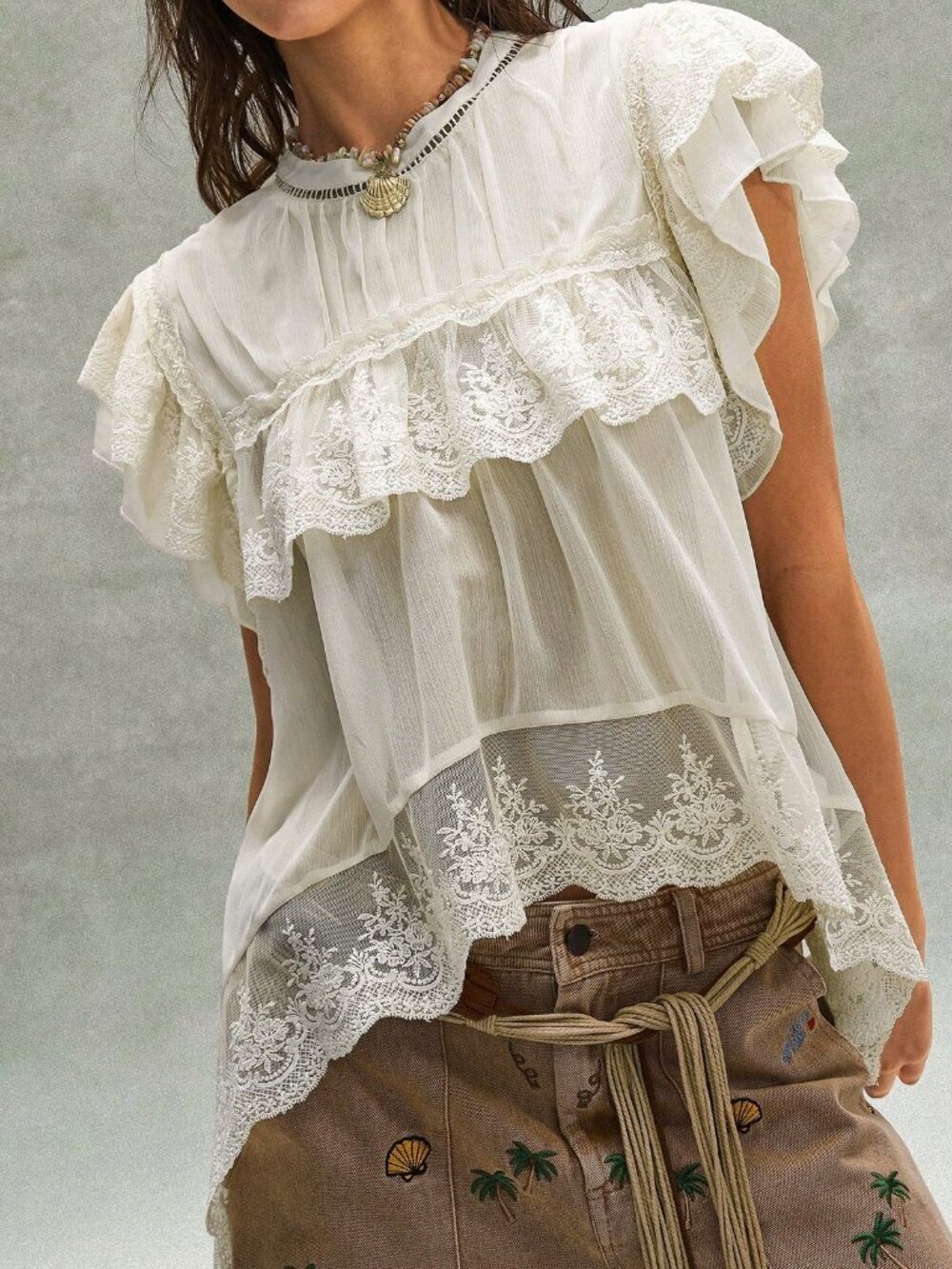 Apricot Boho Women's Embroidered Ruffled Lace Patchwork Blouse - Picture 2 of 9